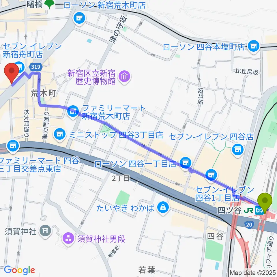 四ツ谷駅から四谷三丁目メビウスへのルートマップ地図