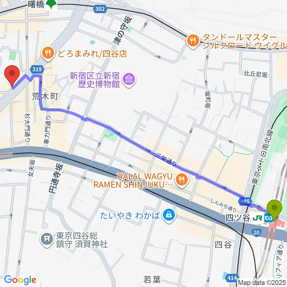 四ツ谷駅から四谷三丁目メビウスへのルートマップ地図