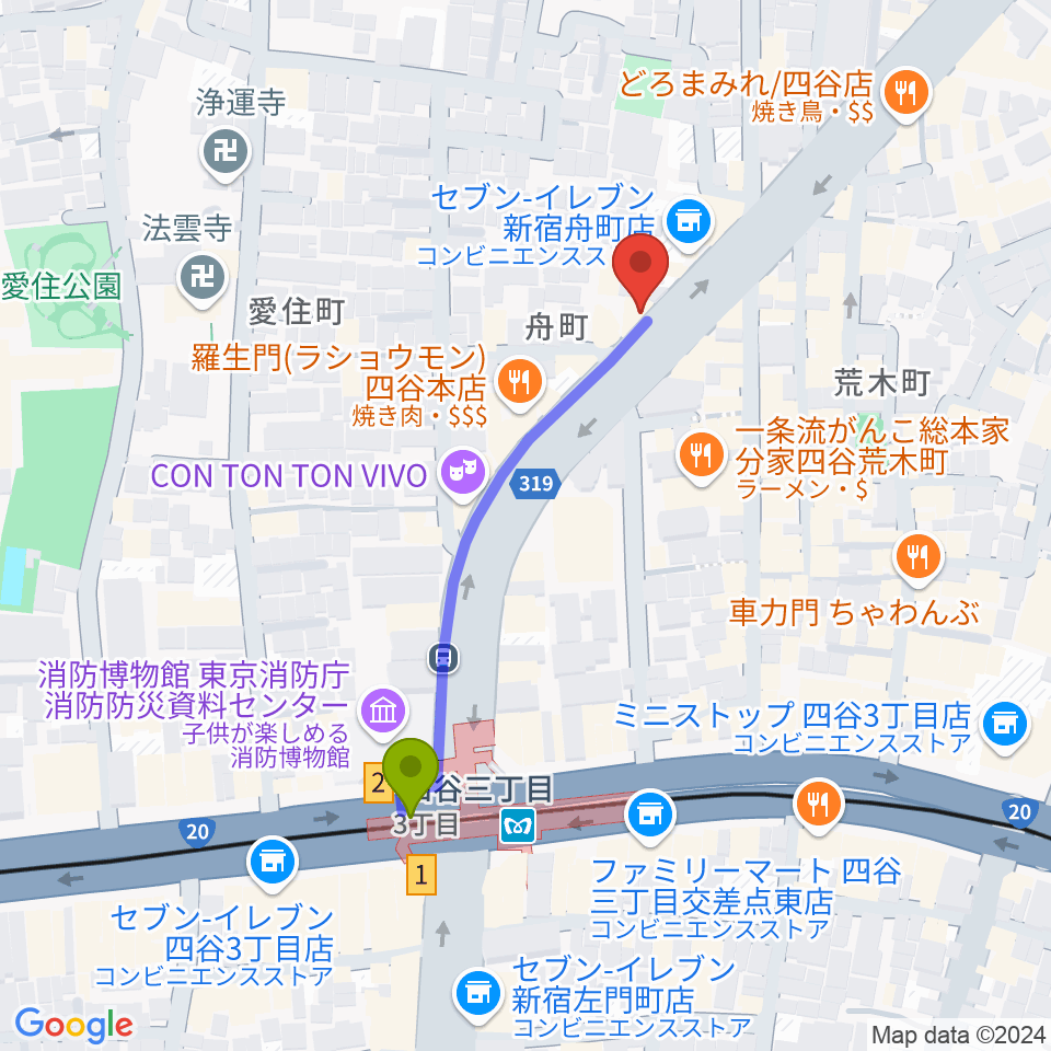 四谷三丁目メビウスの最寄駅四谷三丁目駅からの徒歩ルート（約4分）地図