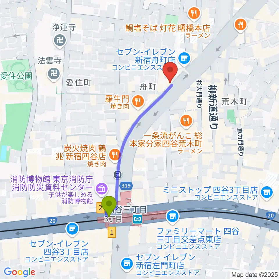 四谷三丁目メビウスの最寄駅四谷三丁目駅からの徒歩ルート（約4分）地図