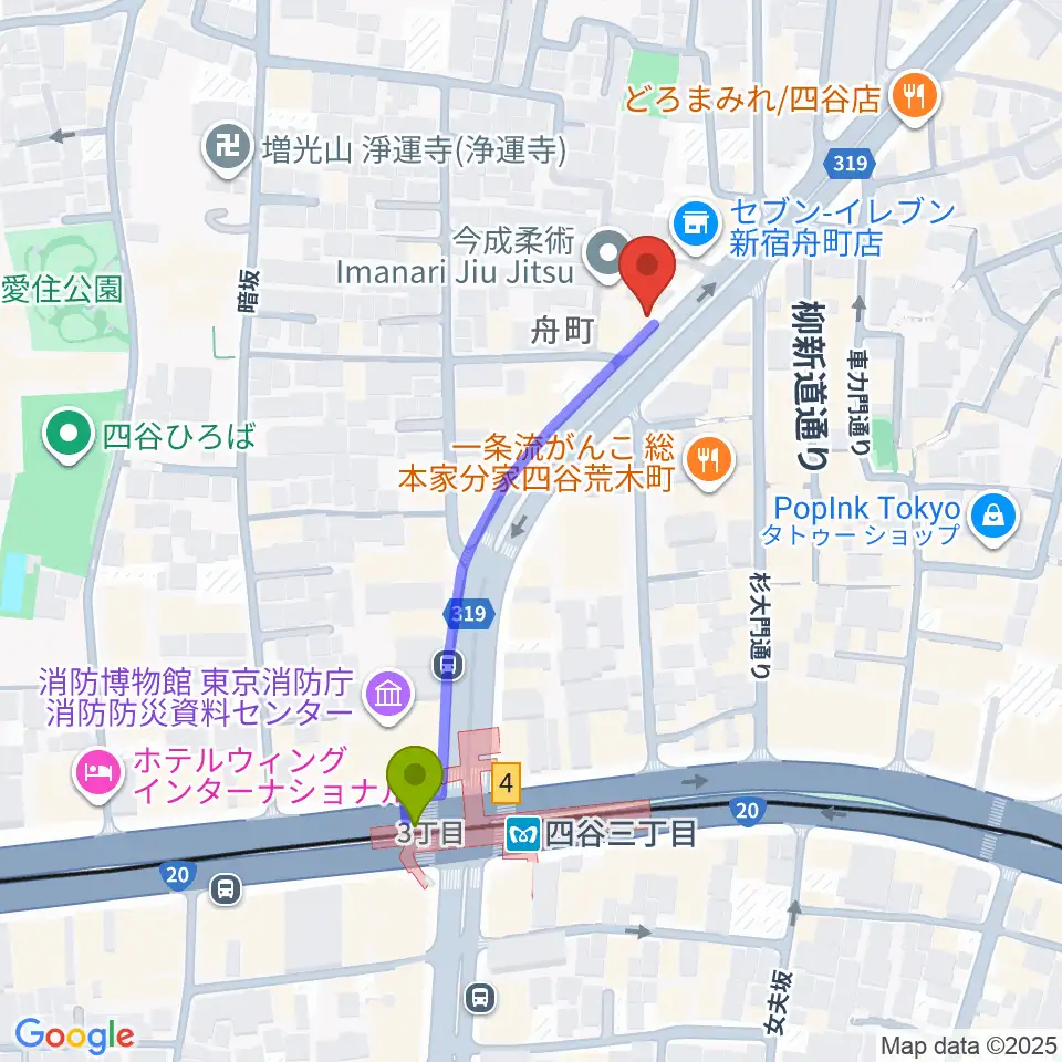 四谷三丁目メビウスの最寄駅四谷三丁目駅からの徒歩ルート（約4分）地図