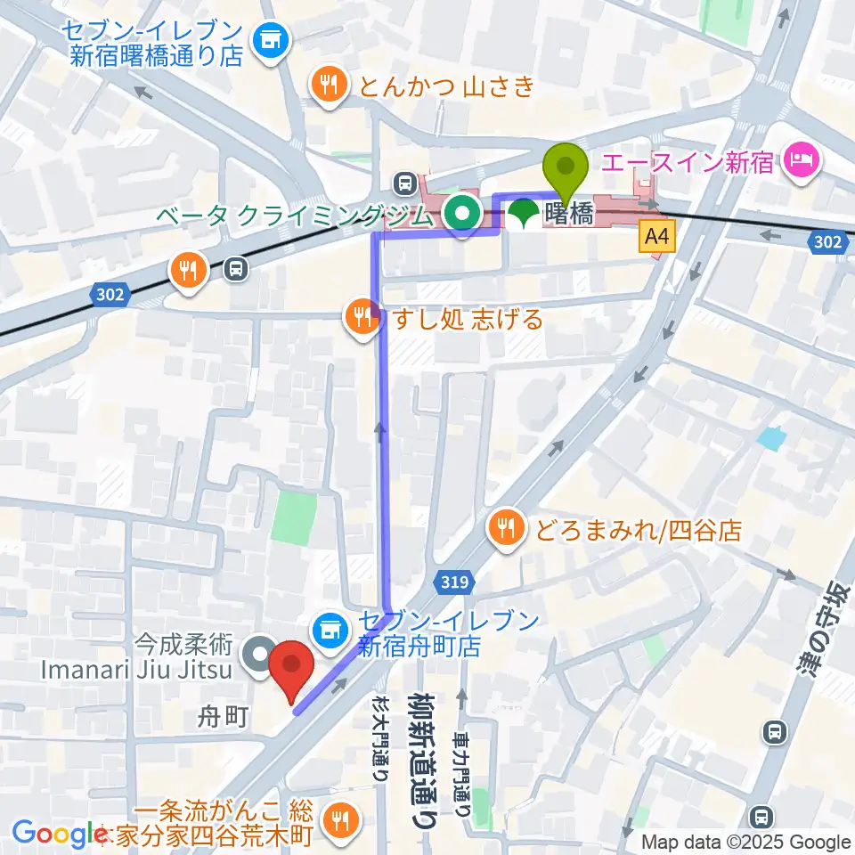 曙橋駅から四谷三丁目メビウスへのルートマップ地図