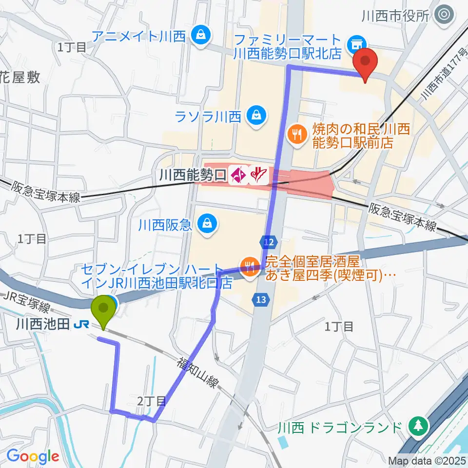 川西池田駅からスタジオループへのルートマップ地図