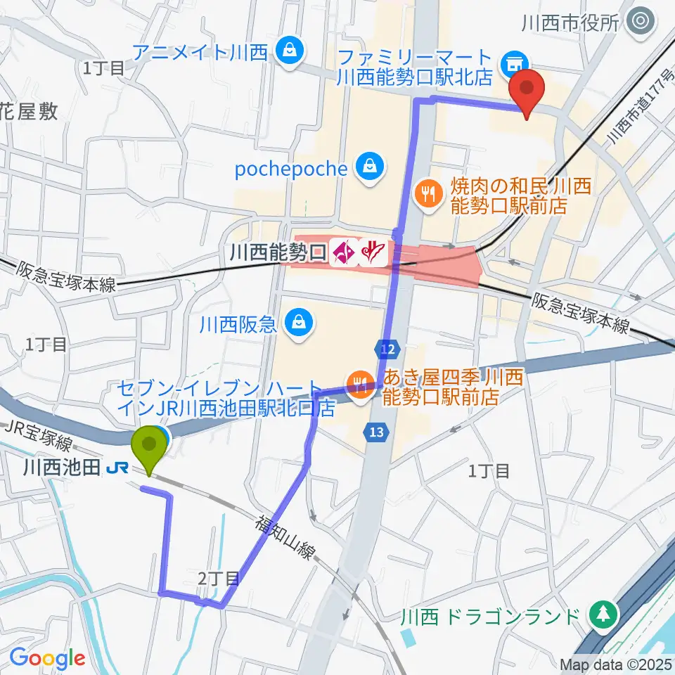 川西池田駅からスタジオループへのルートマップ地図