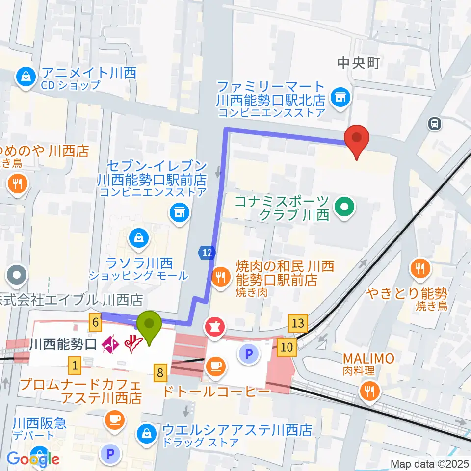 スタジオループの最寄駅川西能勢口駅からの徒歩ルート（約5分）地図