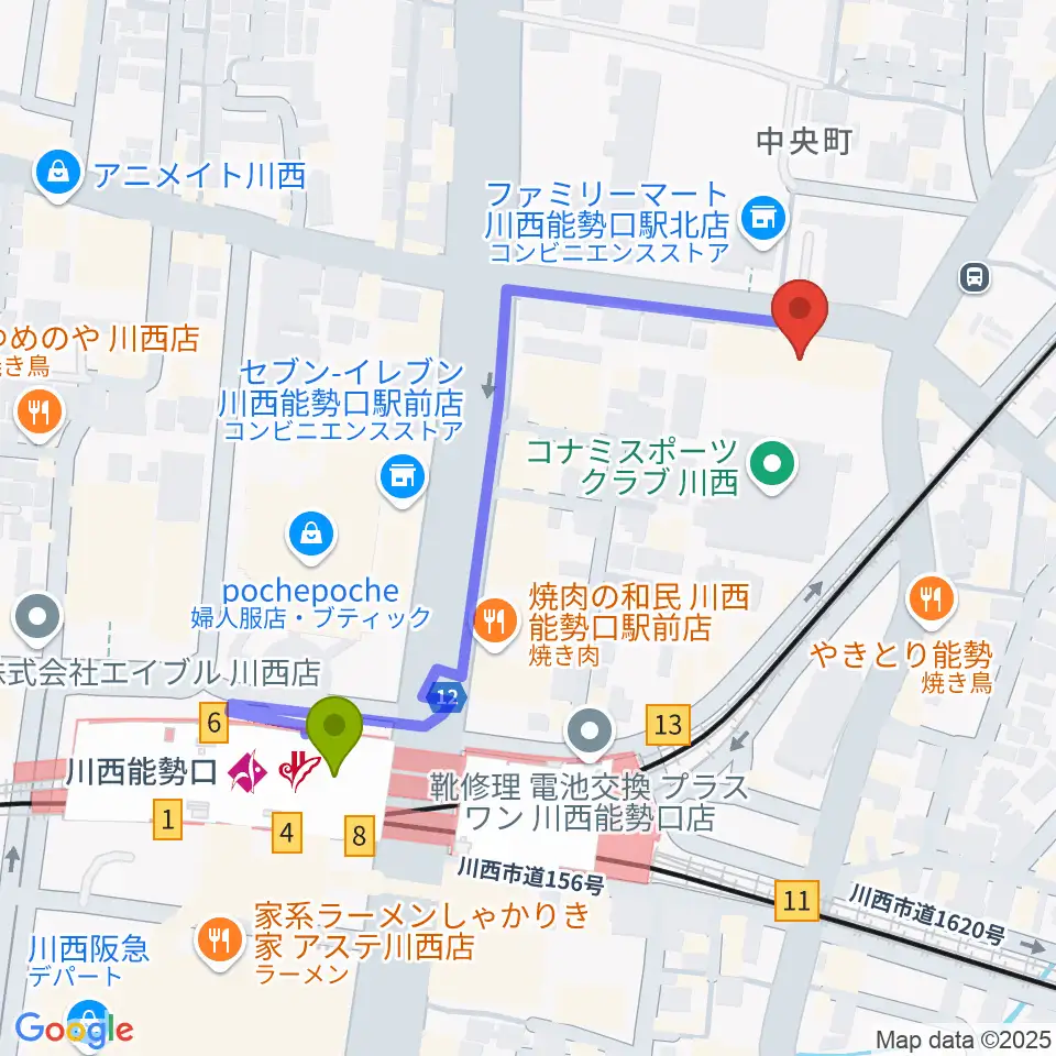 スタジオループの最寄駅川西能勢口駅からの徒歩ルート（約5分）地図