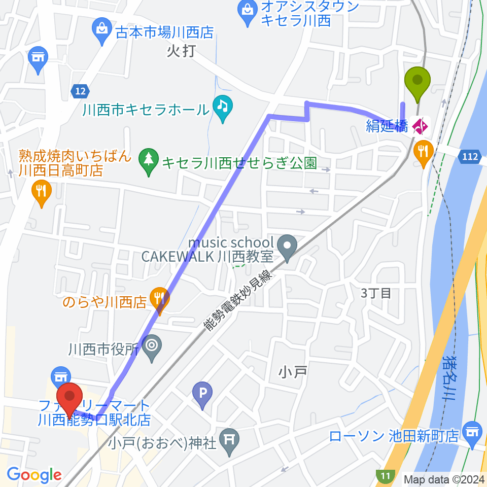 絹延橋駅からスタジオループへのルートマップ地図