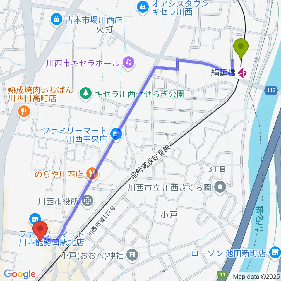 絹延橋駅からスタジオループへのルートマップ地図