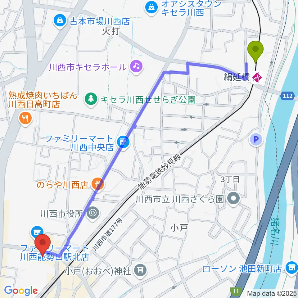 絹延橋駅からスタジオループへのルートマップ地図