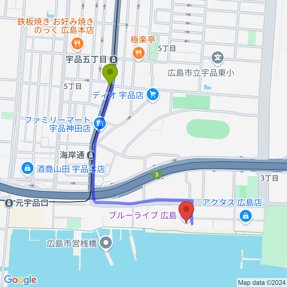 宇品五丁目駅からブルーライブ広島へのルートマップ地図