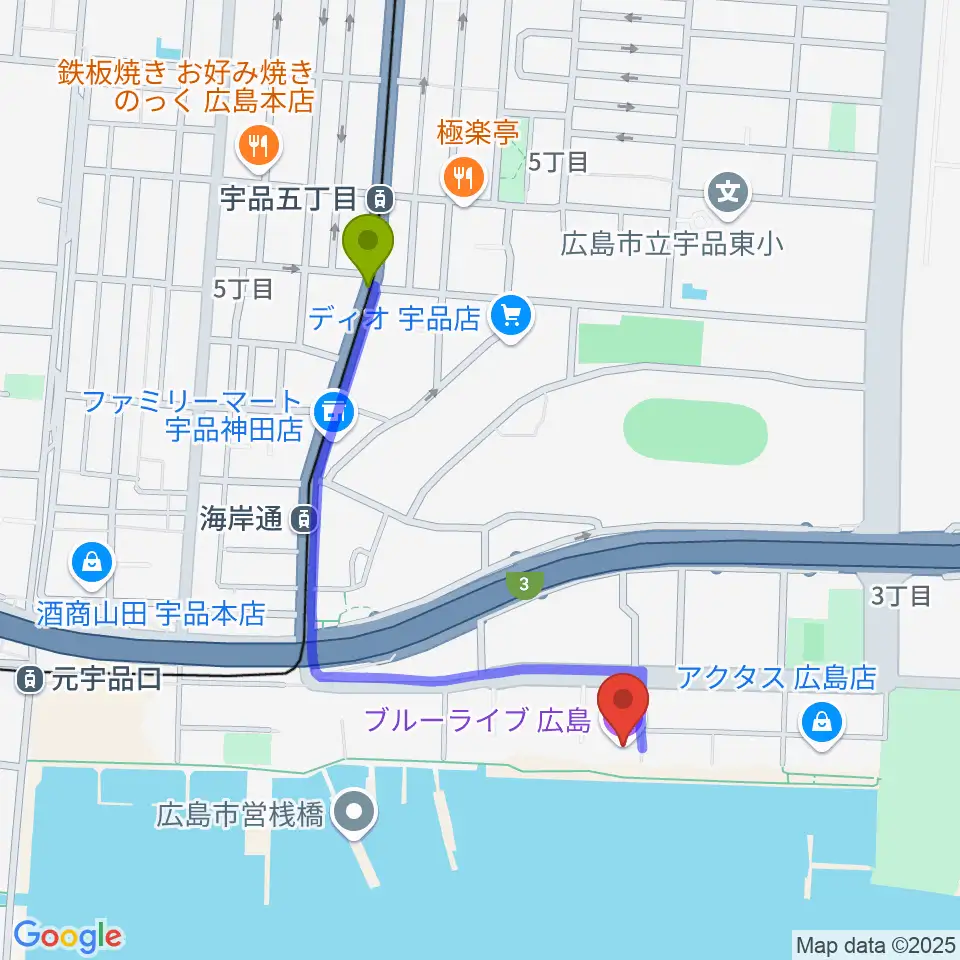 宇品五丁目駅からブルーライブ広島へのルートマップ地図