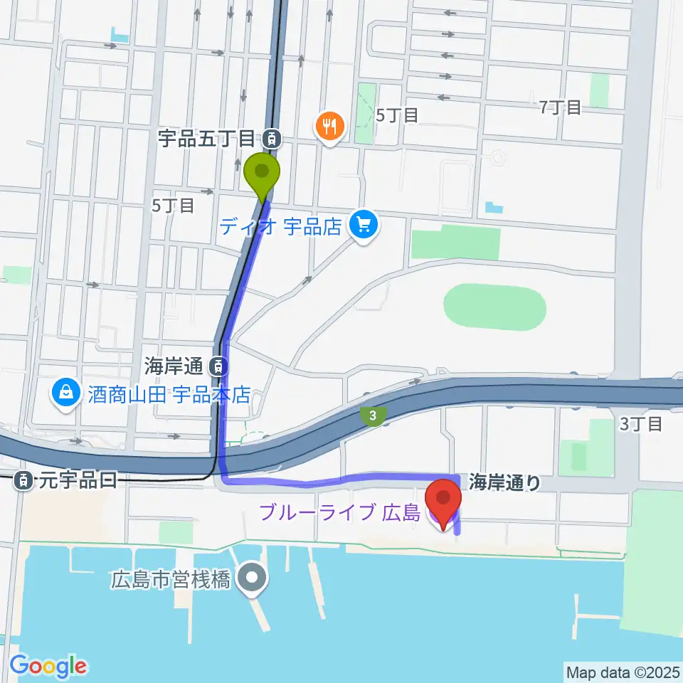 宇品五丁目駅からブルーライブ広島へのルートマップ地図
