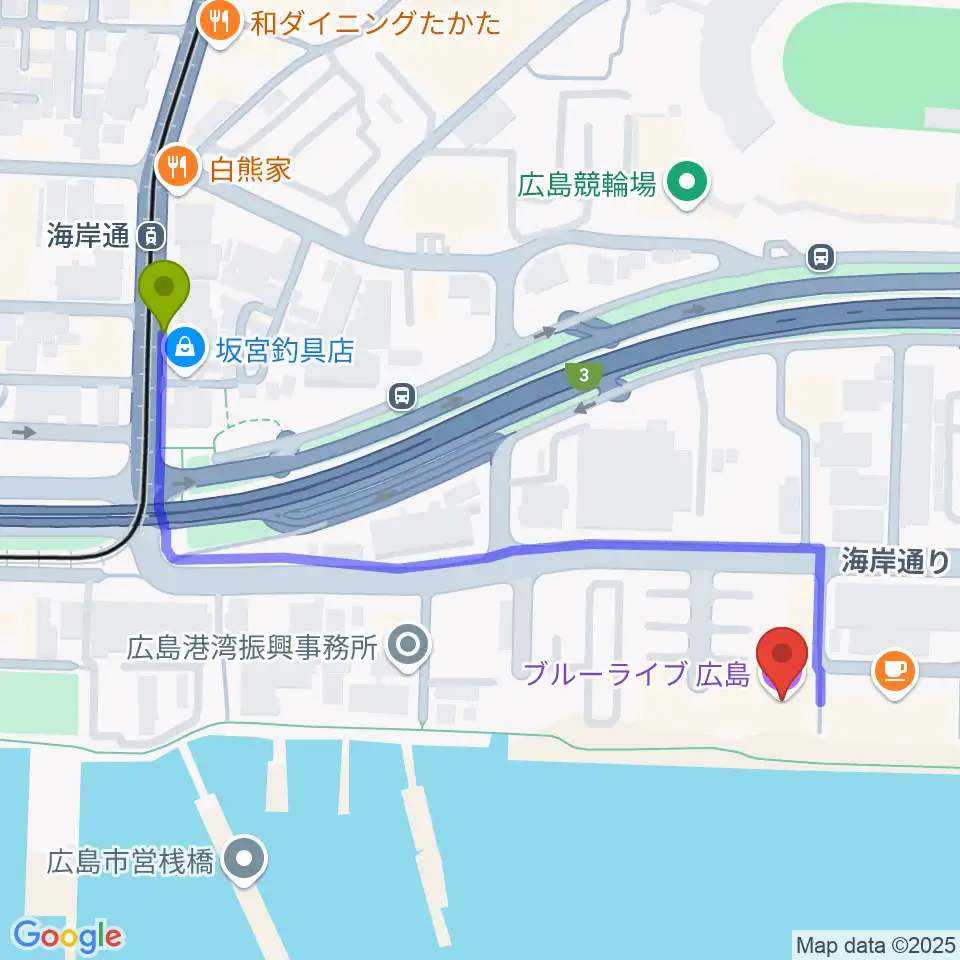 ブルーライブ広島の最寄駅海岸通駅からの徒歩ルート（約6分）地図