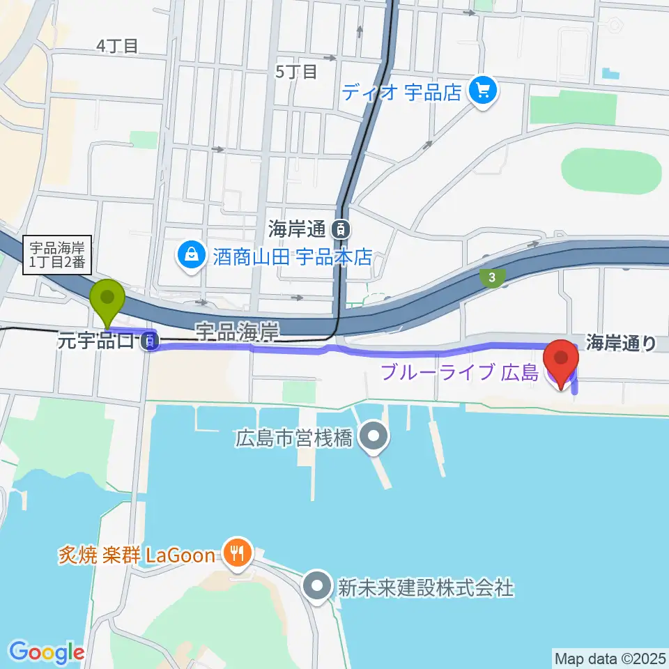 元宇品口駅からブルーライブ広島へのルートマップ地図