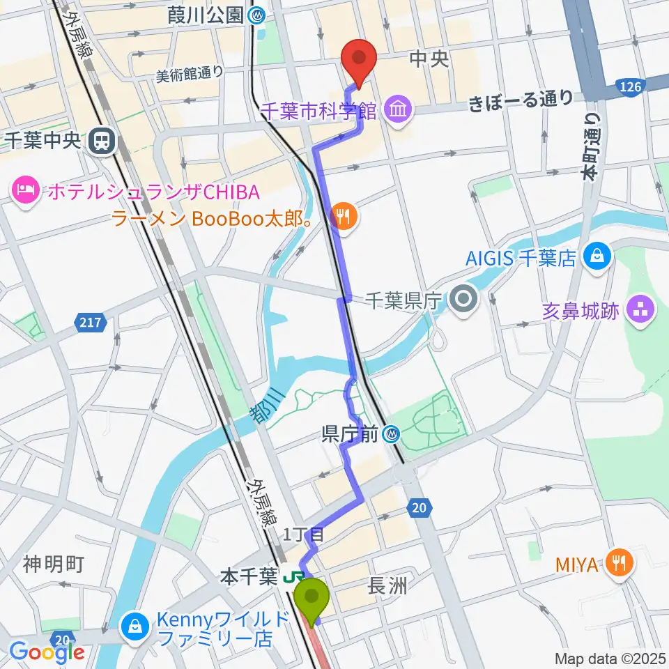 本千葉駅から千葉スターナイトへのルートマップ地図