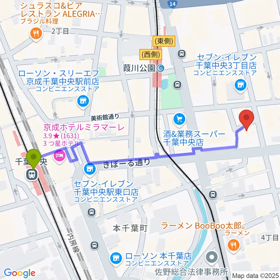 千葉中央駅から千葉スターナイトへのルートマップ地図