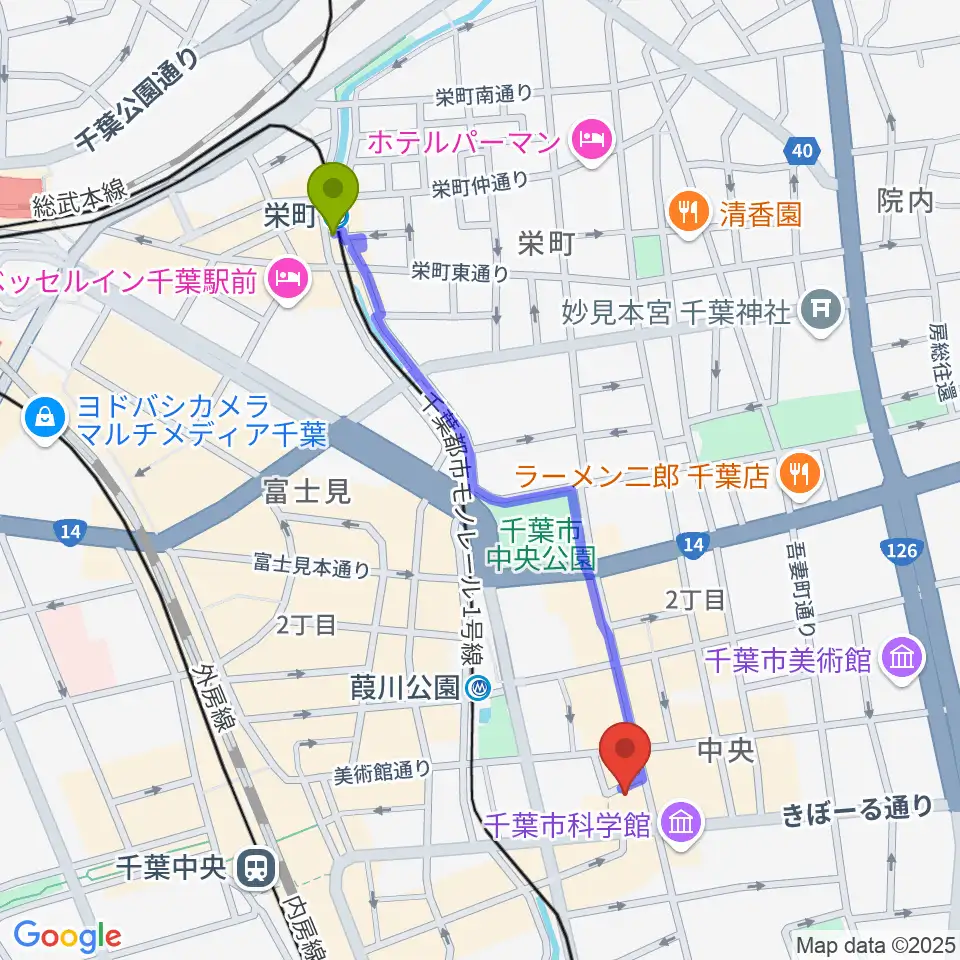 栄町駅から千葉スターナイトへのルートマップ地図