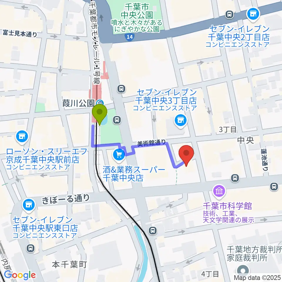 千葉スターナイトの最寄駅葭川公園駅からの徒歩ルート（約3分）地図