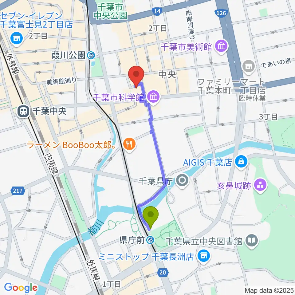 県庁前駅から千葉スターナイトへのルートマップ地図