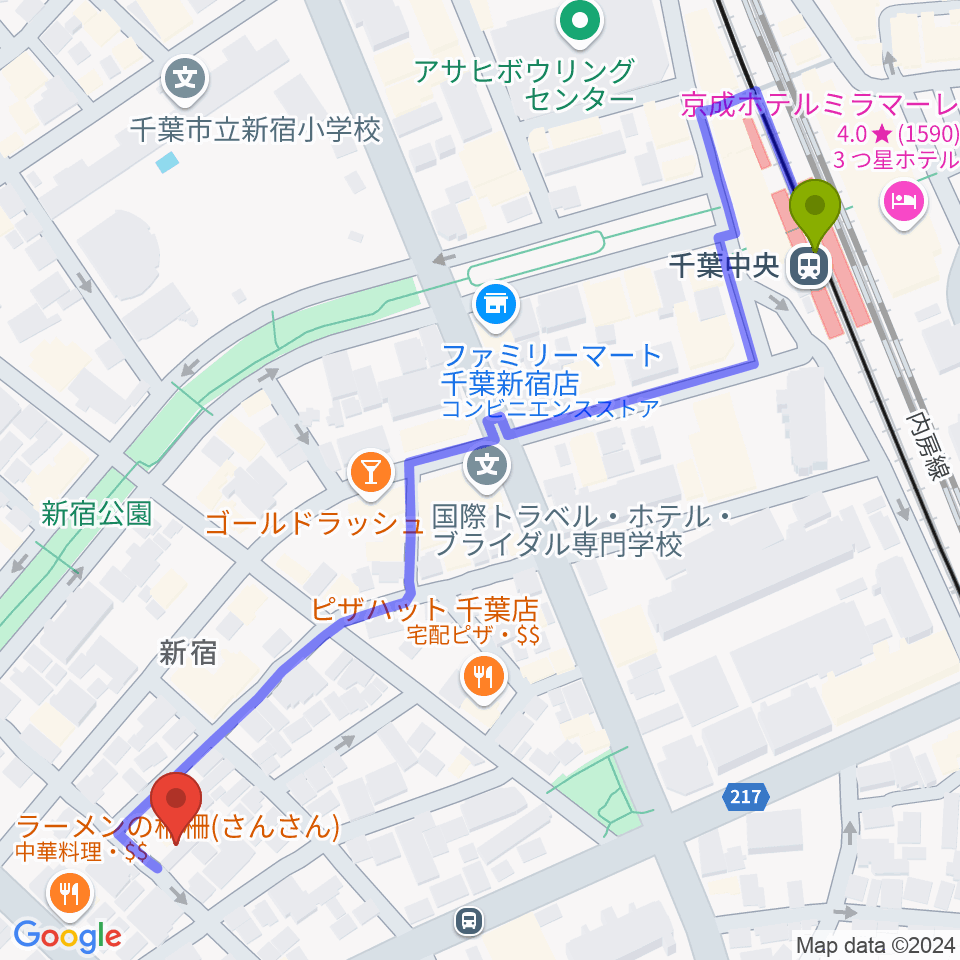 MOTOWN CLUBの最寄駅千葉中央駅からの徒歩ルート（約7分）地図