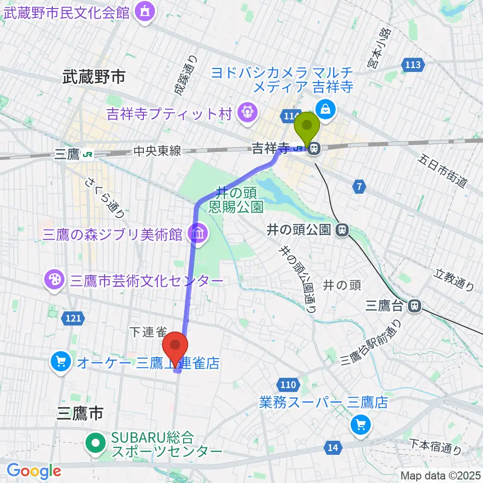 吉祥寺駅からギタースタジオhacchiへのルートマップ地図