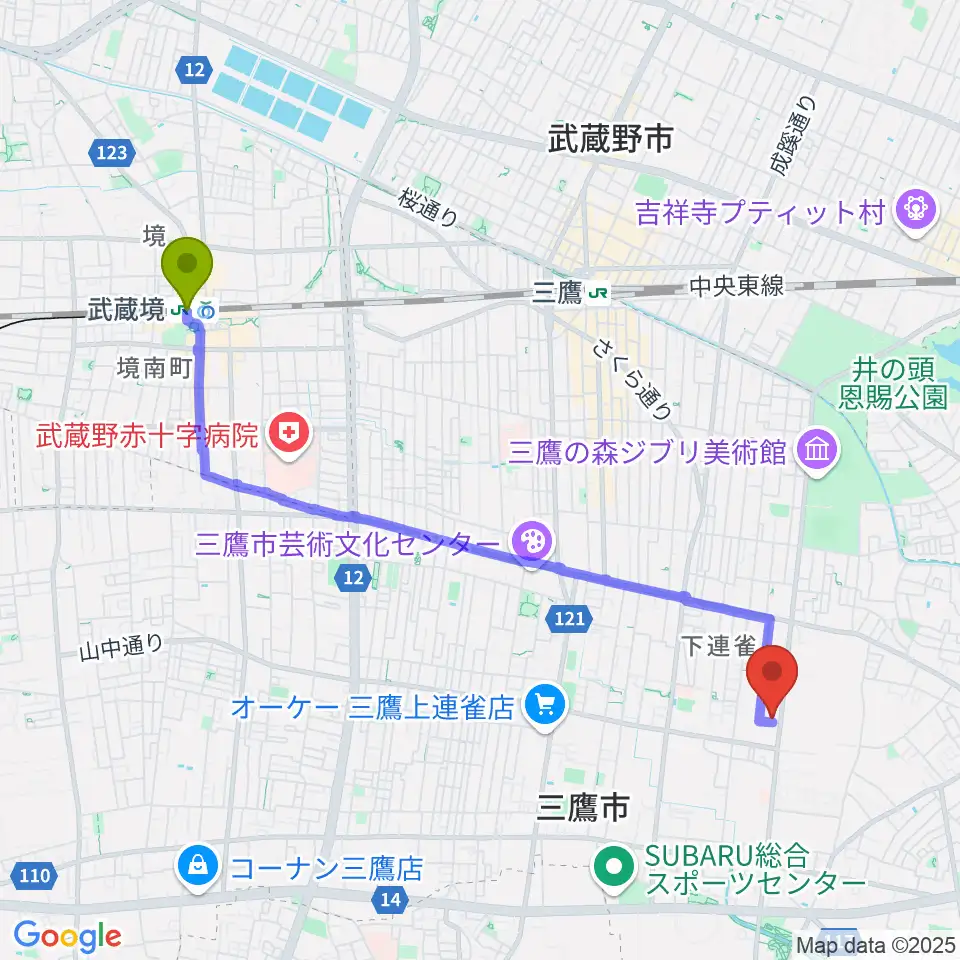 武蔵境駅からギタースタジオhacchiへのルートマップ地図