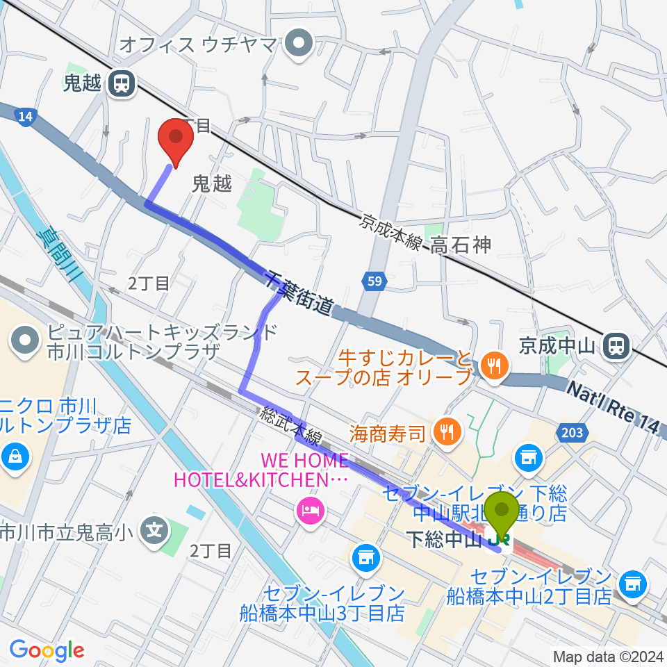 下総中山駅からノア音楽教室へのルートマップ地図