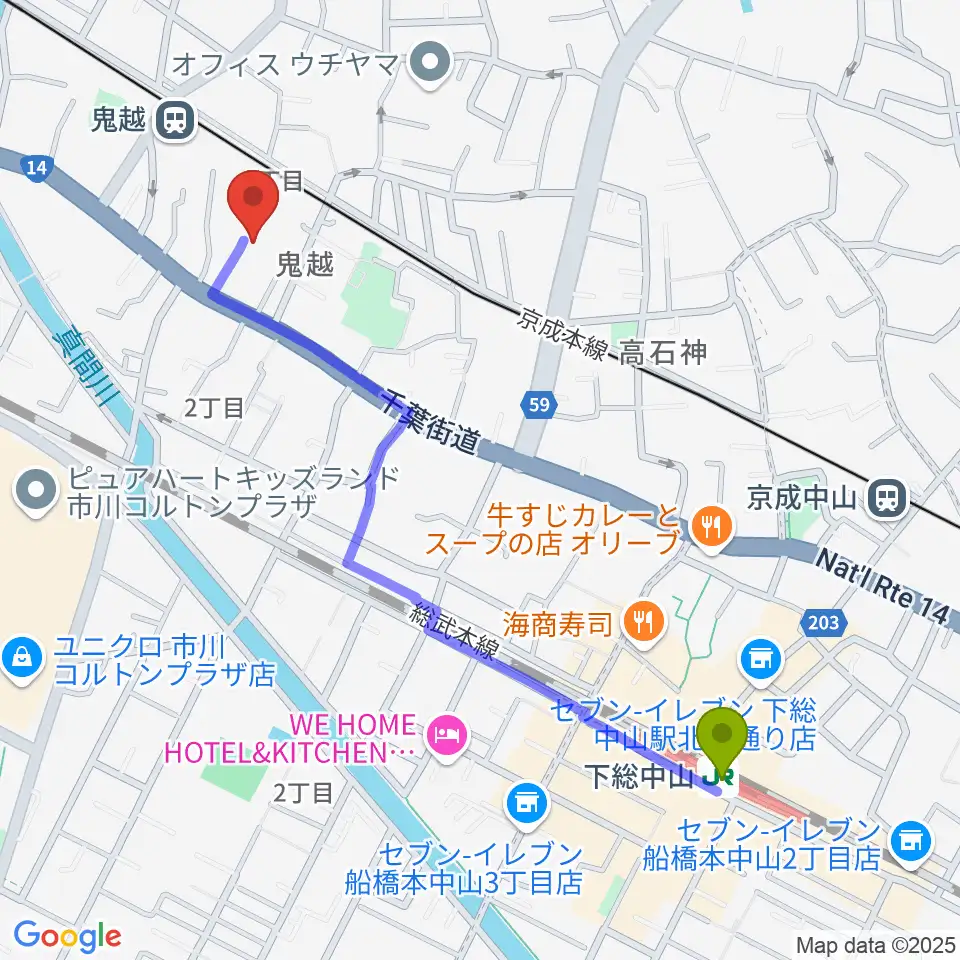 下総中山駅からノア音楽教室へのルートマップ地図
