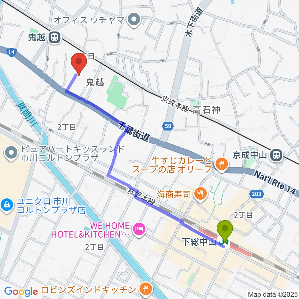 下総中山駅からノア音楽教室へのルートマップ地図