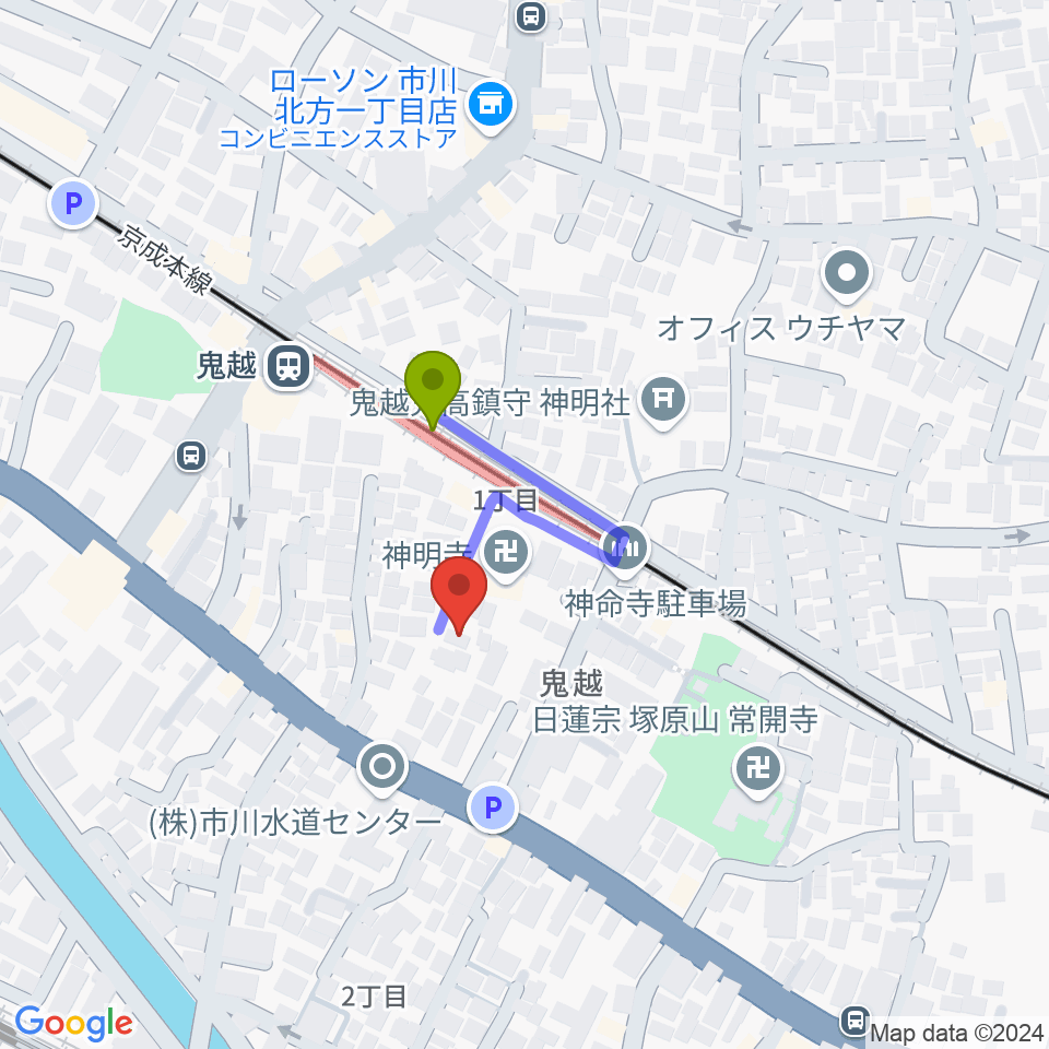 ノア音楽教室の最寄駅鬼越駅からの徒歩ルート（約2分）地図