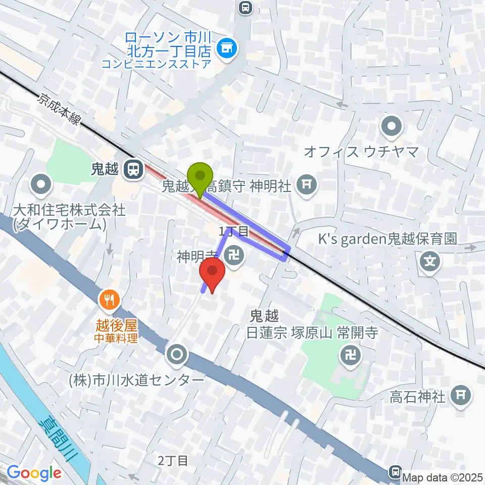 ノア音楽教室の最寄駅鬼越駅からの徒歩ルート（約2分）地図