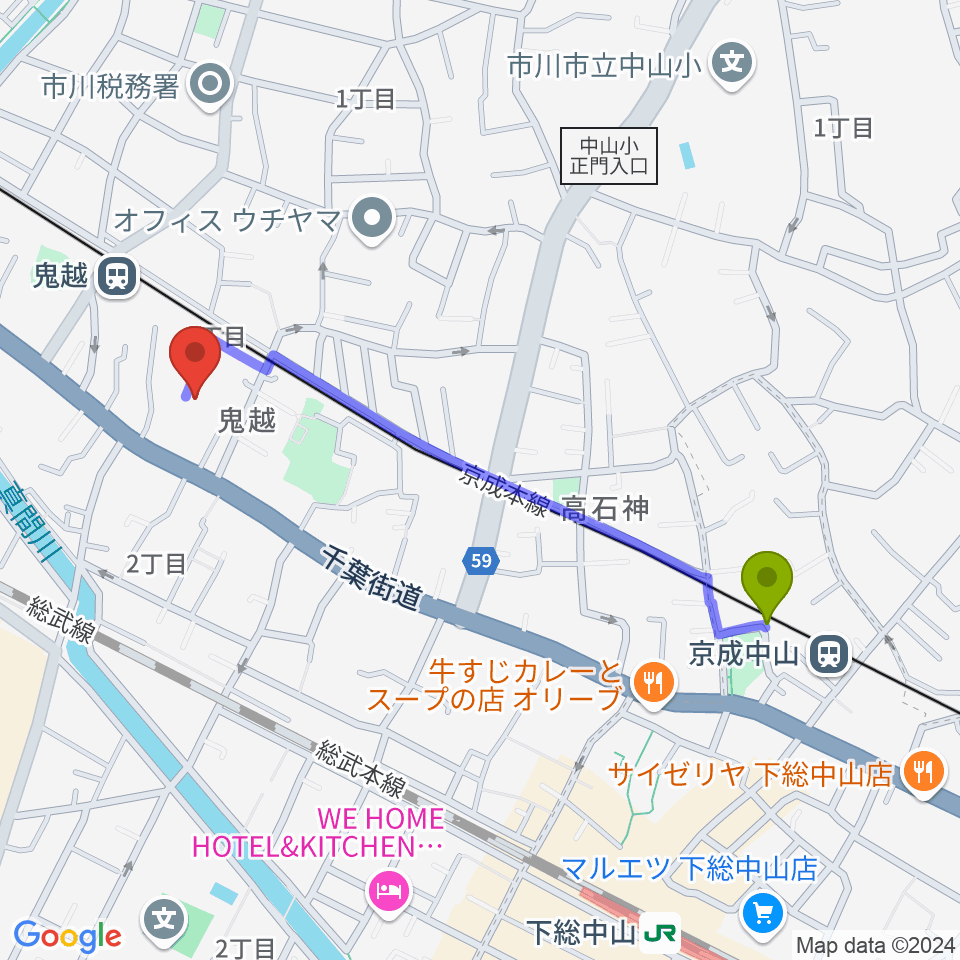 京成中山駅からノア音楽教室へのルートマップ地図