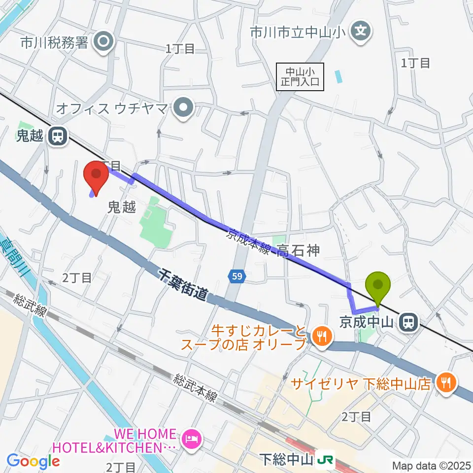 京成中山駅からノア音楽教室へのルートマップ地図