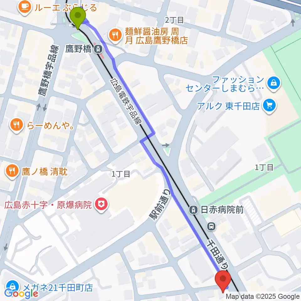 鷹野橋駅からStudio 5150へのルートマップ地図
