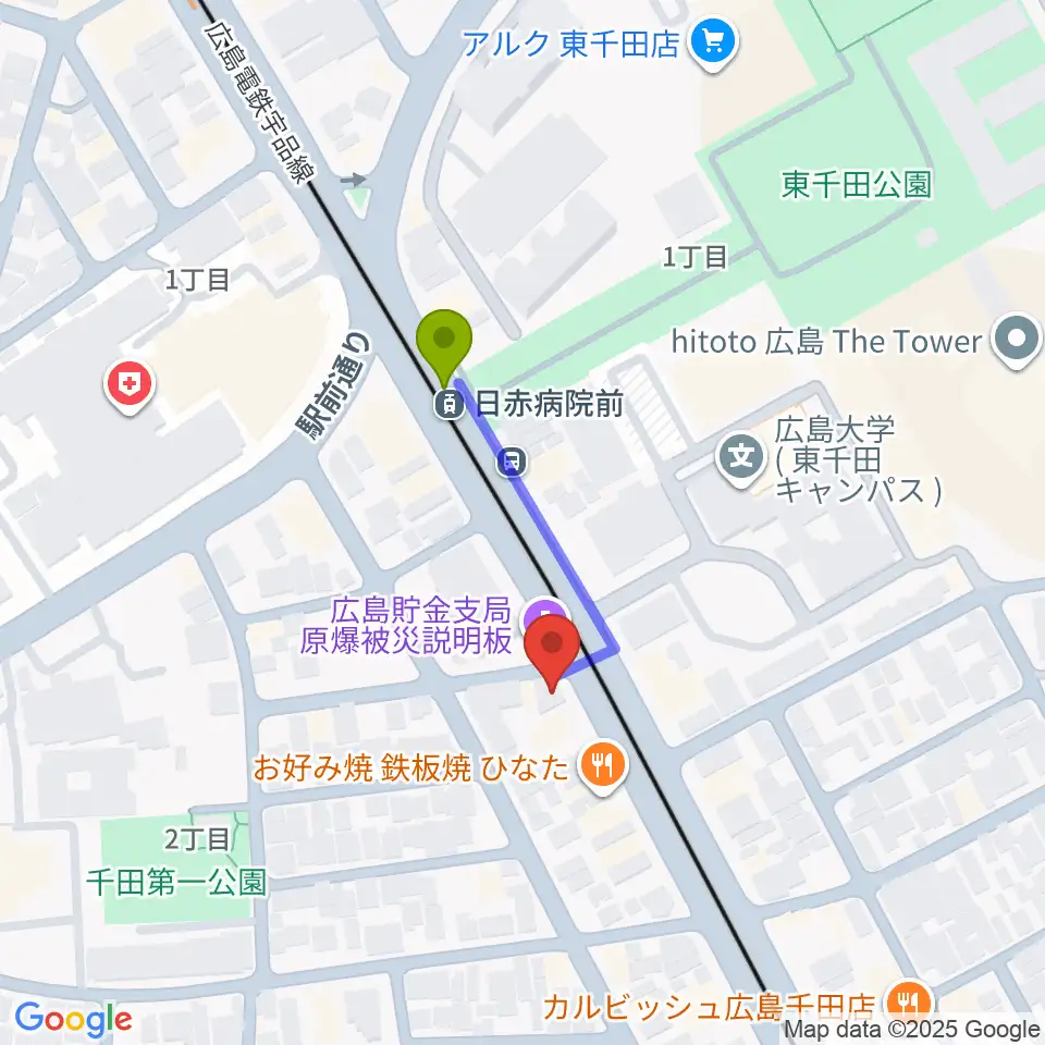 Studio 5150の最寄駅日赤病院前駅からの徒歩ルート（約2分）地図