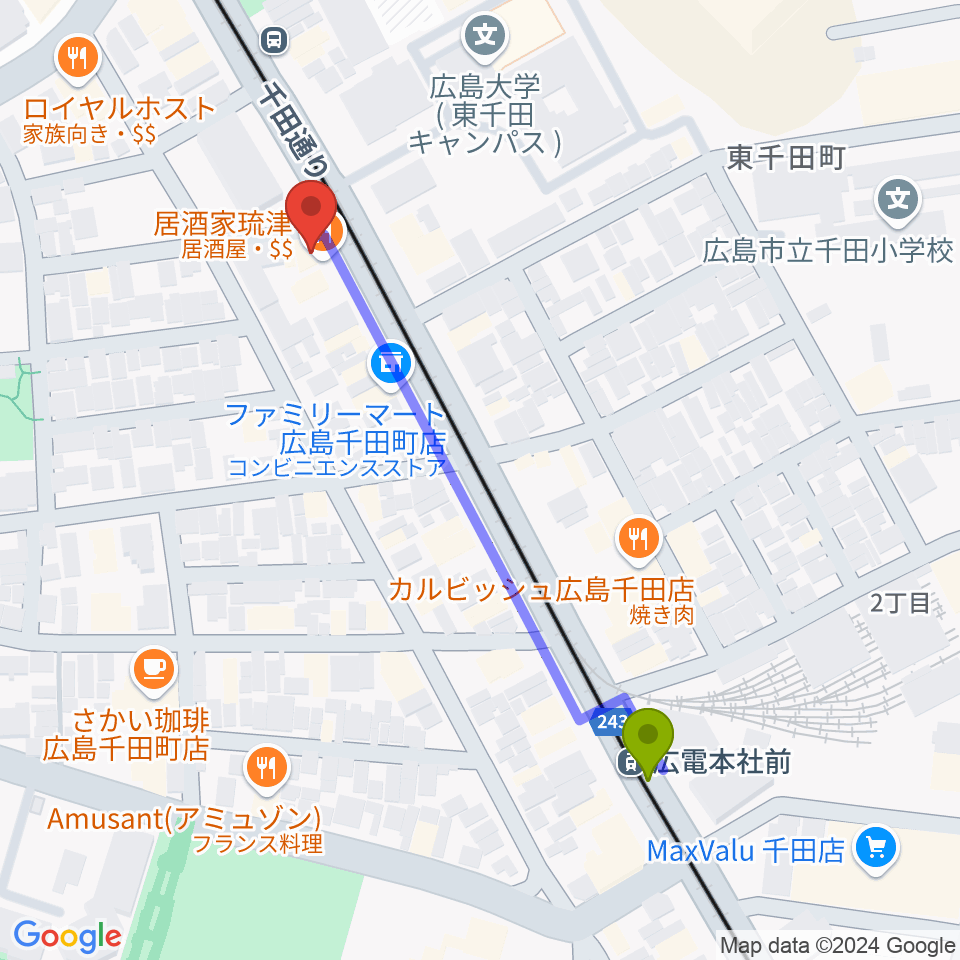 広電本社前駅からStudio 5150へのルートマップ地図