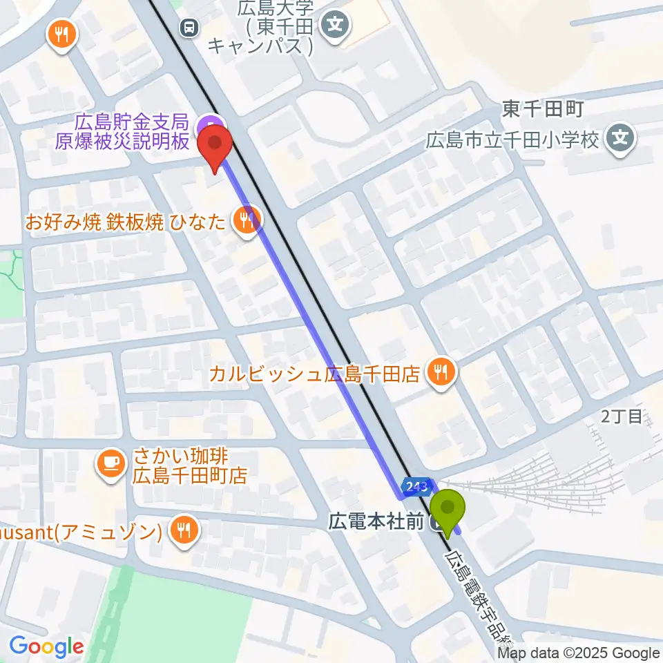 広電本社前駅からStudio 5150へのルートマップ地図