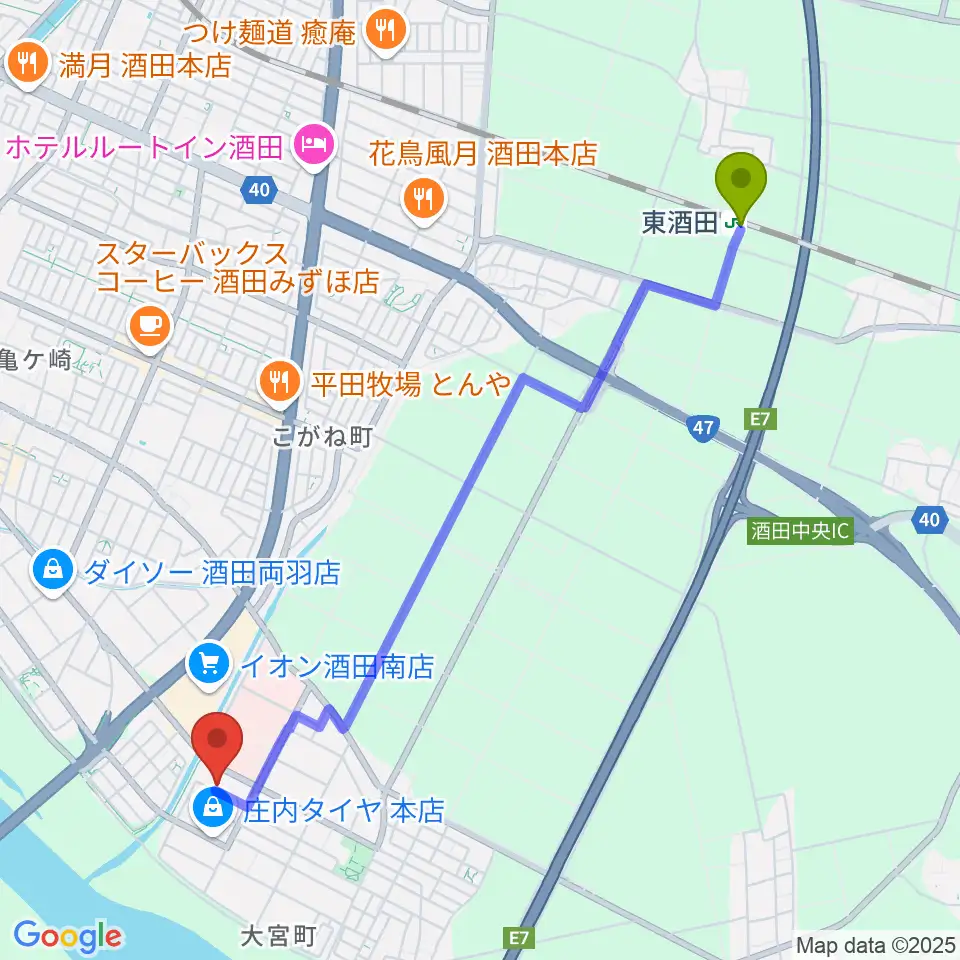 酒田MUSIC FACTORY スタジオの最寄駅東酒田駅からの徒歩ルート（約47分）地図