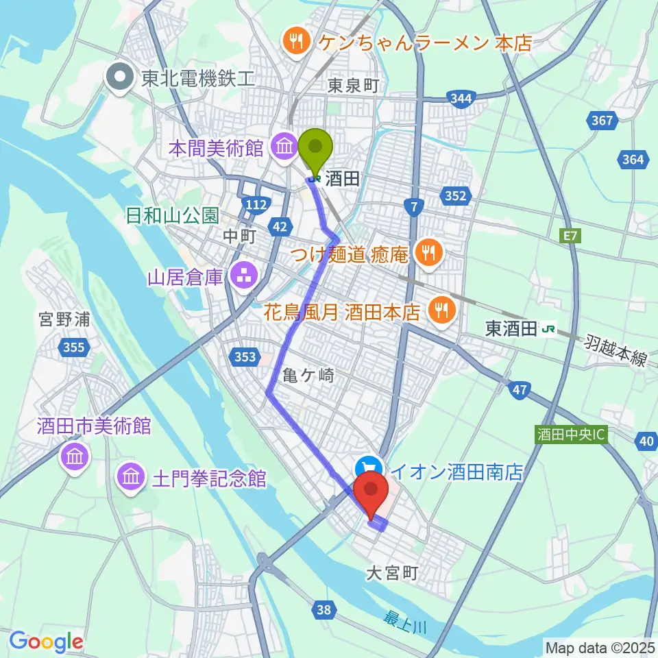 酒田駅から酒田MUSIC FACTORY スタジオへのルートマップ地図