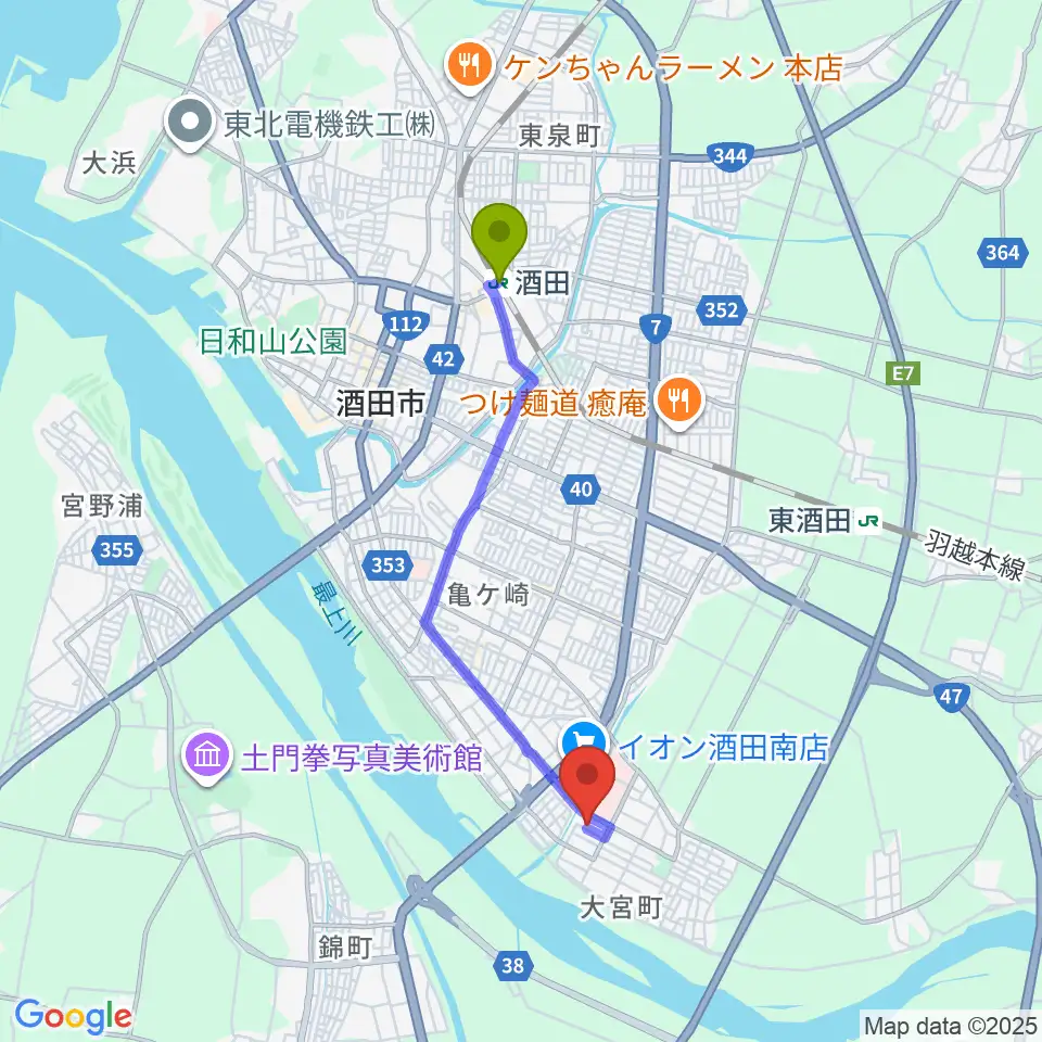 酒田駅から酒田MUSIC FACTORY スタジオへのルートマップ地図