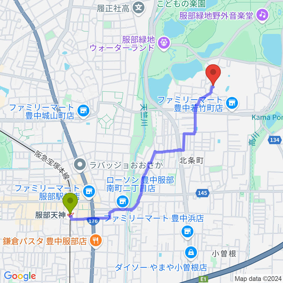 服部天神駅からピアノのへや・こびとのへやへのルートマップ地図