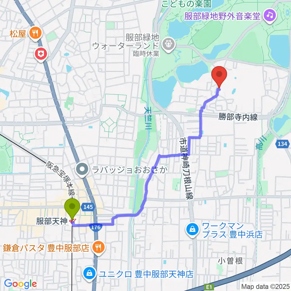 服部天神駅からピアノのへや・こびとのへやへのルートマップ地図