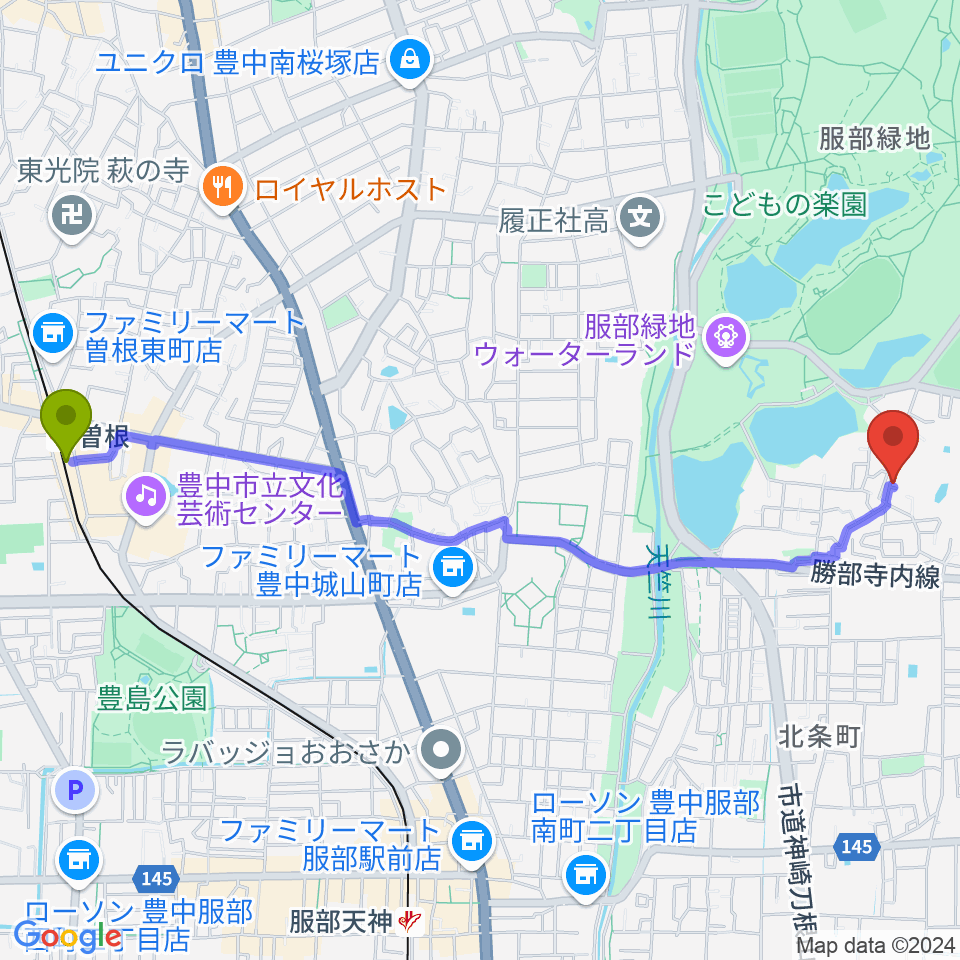 曽根駅からピアノのへや・こびとのへやへのルートマップ地図