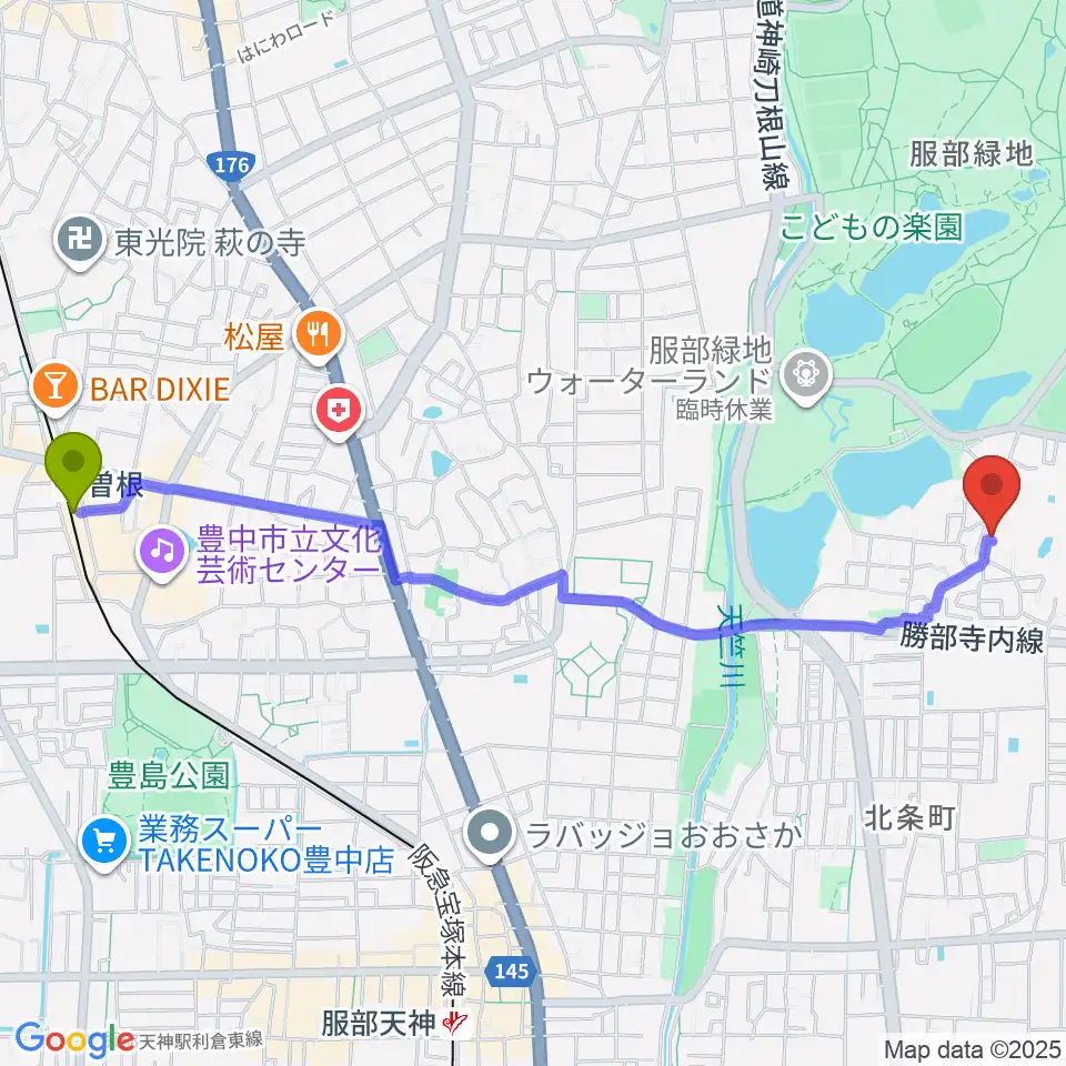 曽根駅からピアノのへや・こびとのへやへのルートマップ地図