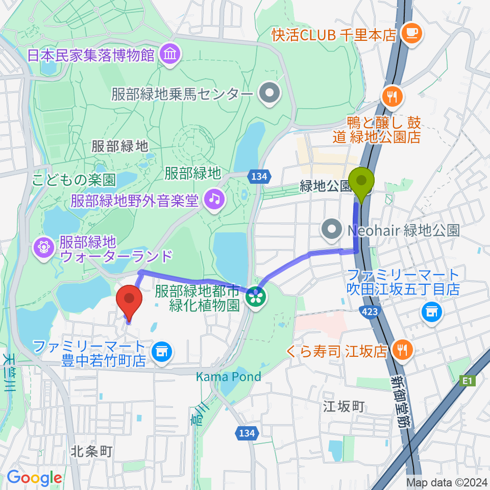 ピアノのへや・こびとのへやの最寄駅緑地公園駅からの徒歩ルート（約17分）地図