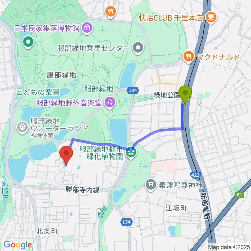 ピアノのへや・こびとのへやの最寄駅緑地公園駅からの徒歩ルート（約17分）地図