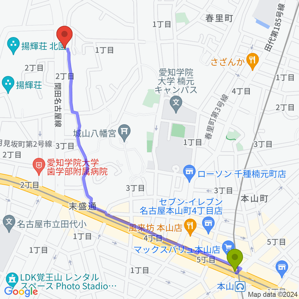 本山駅からmusic studio blueへのルートマップ地図