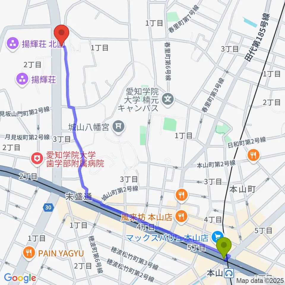 本山駅からmusic studio blueへのルートマップ地図