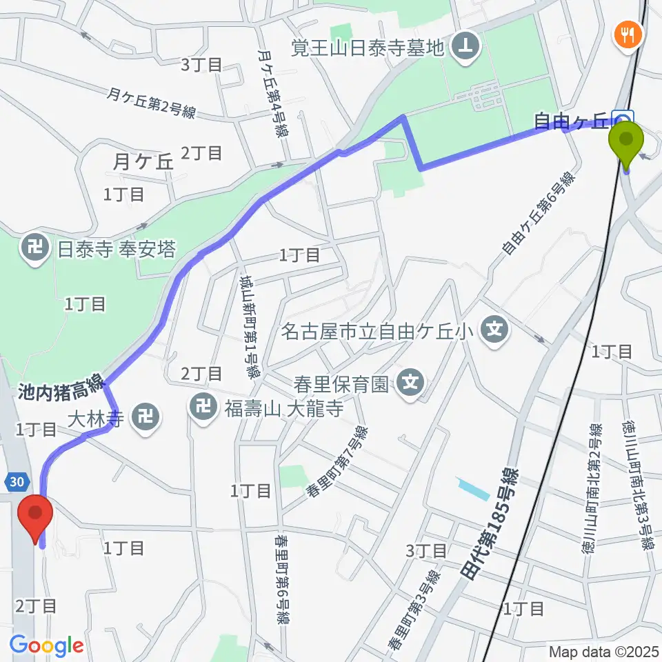 自由ヶ丘駅からmusic studio blueへのルートマップ地図