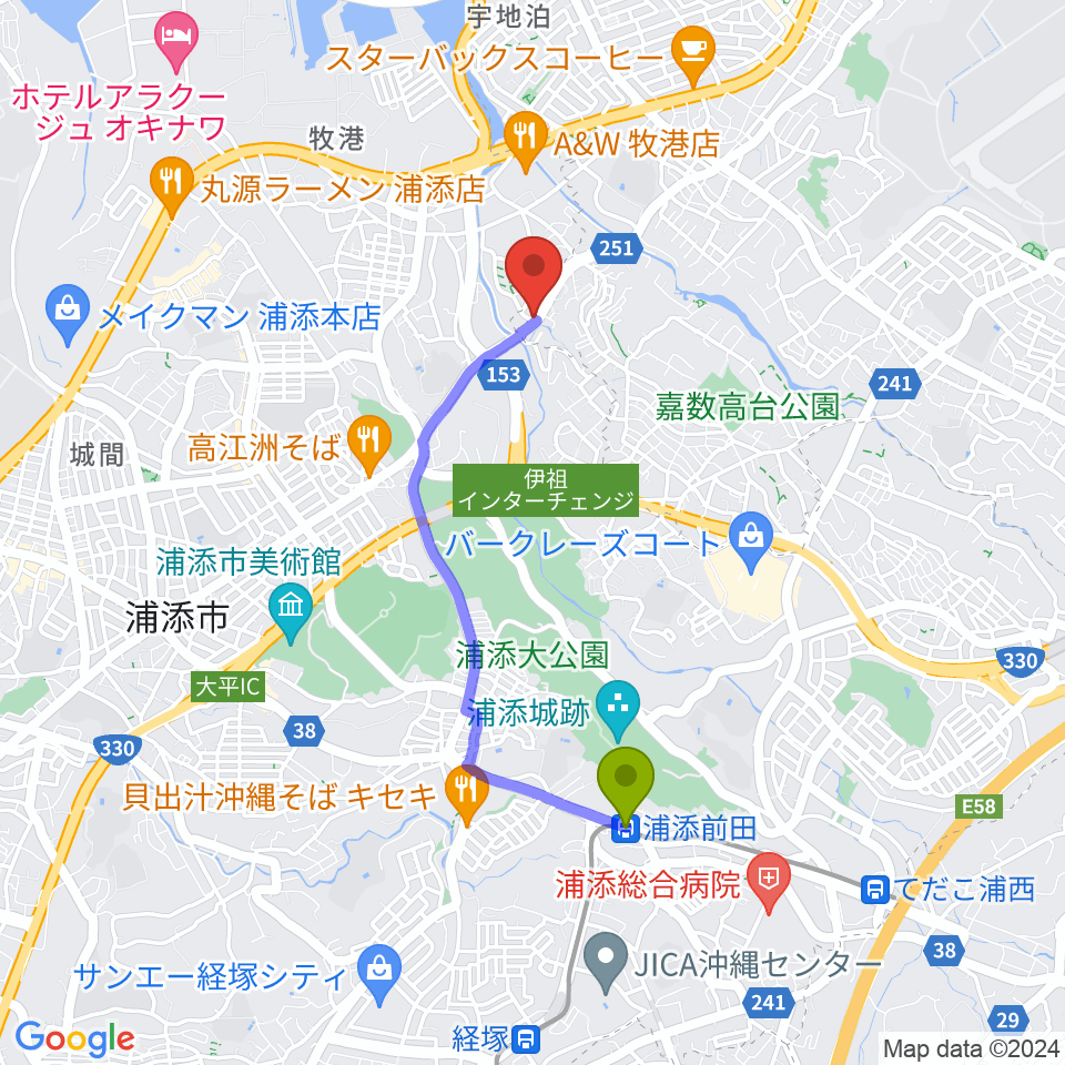 STUDIO FILL☆INの最寄駅浦添前田駅からの徒歩ルート（約33分）地図